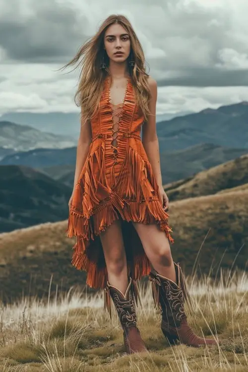 A woman wears a bright orange fringed country wedding guest dress with lace-up front and brown fringe cowboy boots