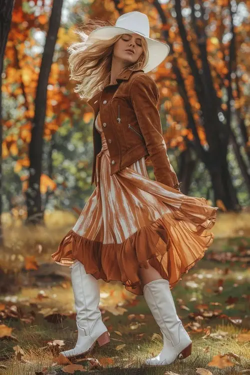 A woman wears a brown jacket, a long flowy dress, and white cowboy boots