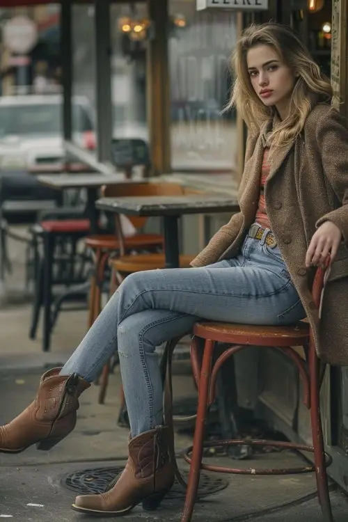A woman wears a brown sport coat, blue jeans and brown ankle cowboy boots