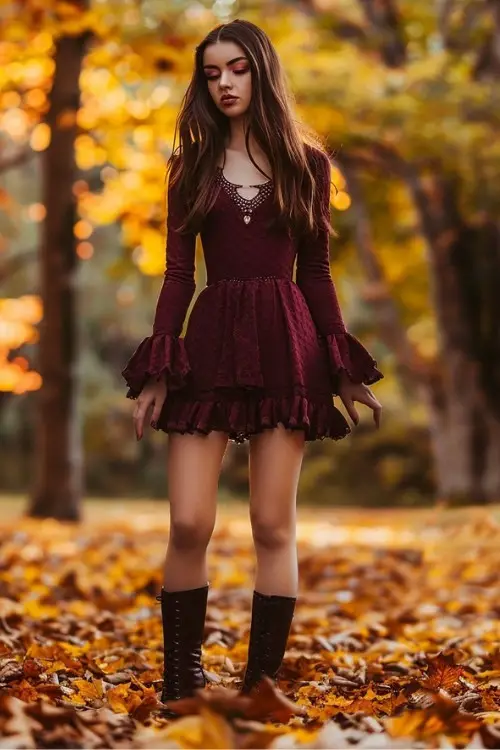 A woman wears a burgundy lace wedding guest dress with brown lace-up boots