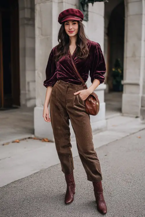 A woman wears a burgundy velvet wrap blouse with high-waisted brown corduroy trousers and deep brown cowboy boots