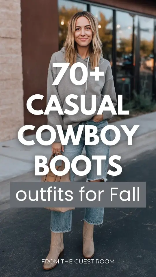 A woman wears a casual cowboy boots outfit with a gray hoodie and ripped jeans for fall
