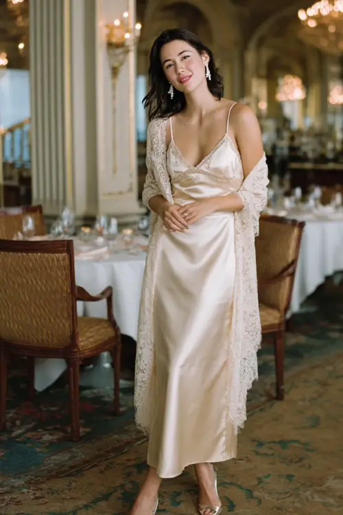 A woman wears a champagne satin gown paired with a delicate lace shawl draped over her shoulders
