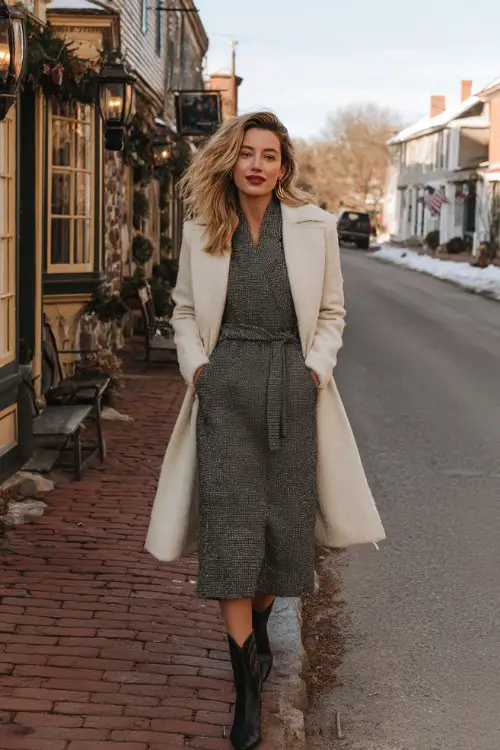 A woman wears a charcoal gray wool-blend midi dress with long sleeves and a belt at the waist, styled with black polished cowboy boots and a cream wrap coat