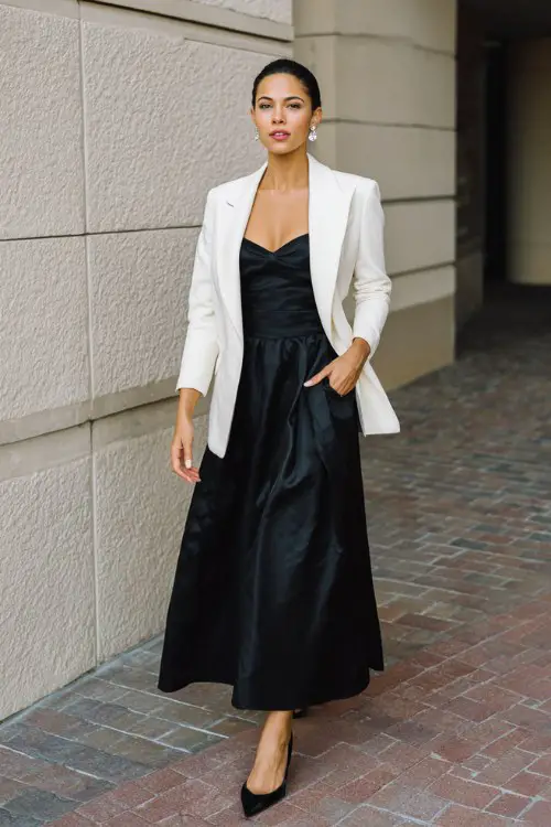 A woman wears a classic black gown styled with a white tailored blazer