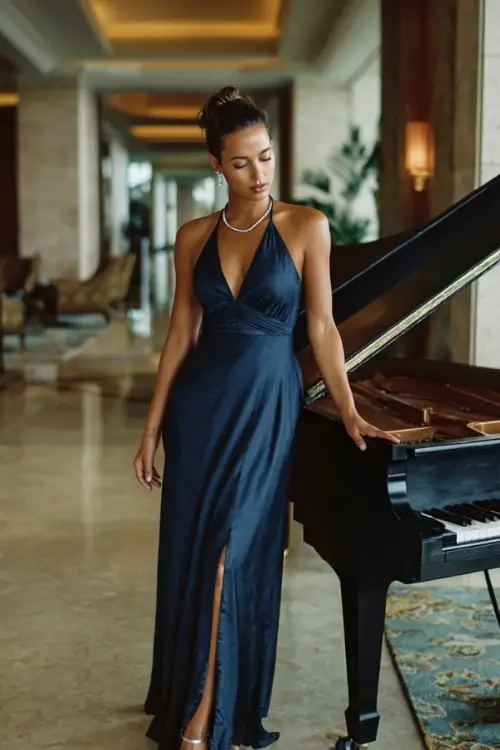 A woman wears a classic midnight blue gown with a halter neckline and open back