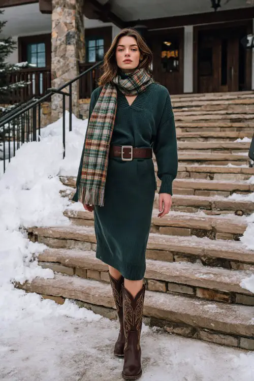 A woman wears a dark green belted sweater dress with a mock neck, paired with chocolate brown embroidered cowboy boots and a plaid oversized scarf
