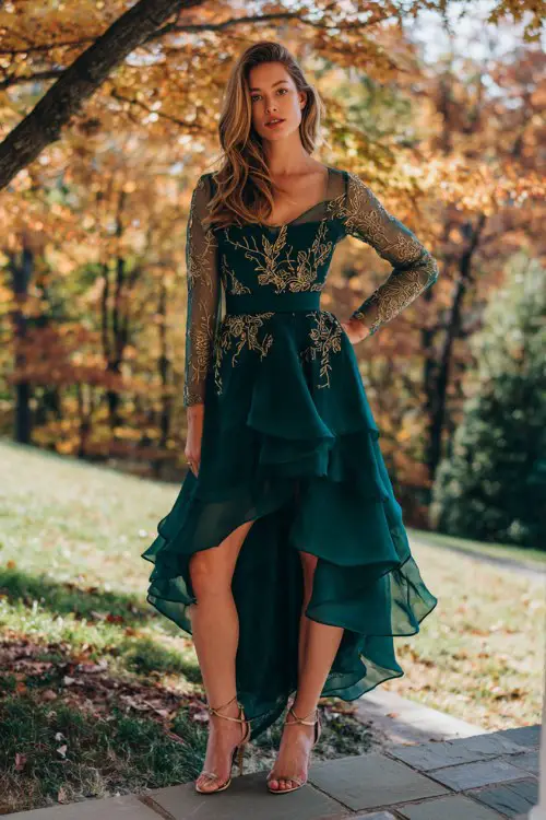 A woman wears a deep emerald green gown with an asymmetrical layered skirt, sheer long sleeves embroidered with gold leaf motifs