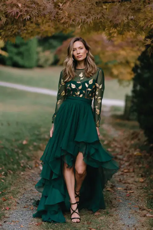 A woman wears a deep emerald green gown with an asymmetrical layered skirt, sheer long sleeves embroidered with gold leaf motifs