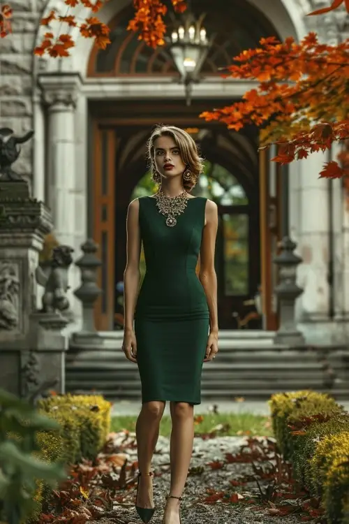 A woman wears a fitted emerald green cocktail dress with a high neckline and intricate beadwork on the collar for a country club wedding