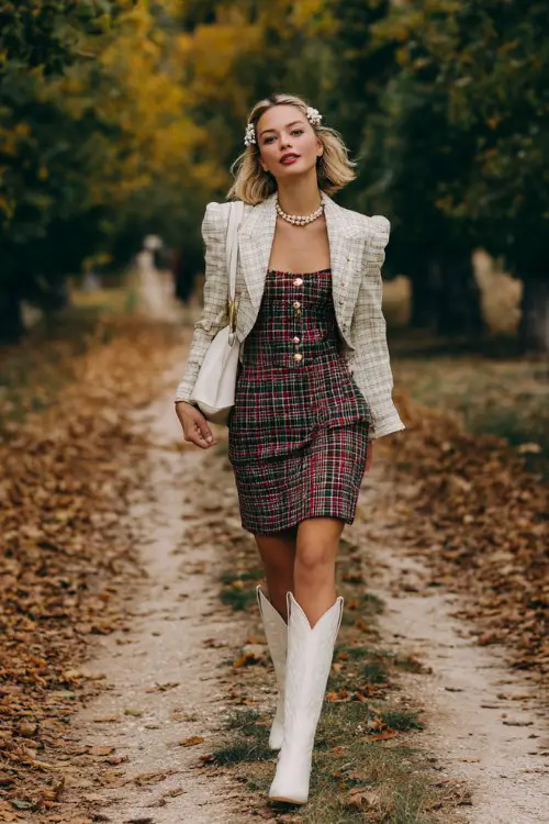 A woman wears a fitted plaid dress under a velvet cropped jacket, paired with tall white cowboy boots and pearl hair clips