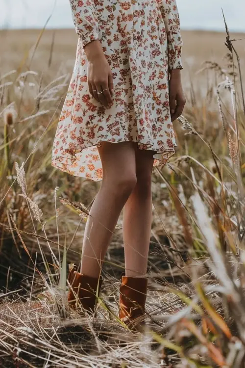 A woman wears a floral dress with long sleeves and tan boot for a casual country wedding