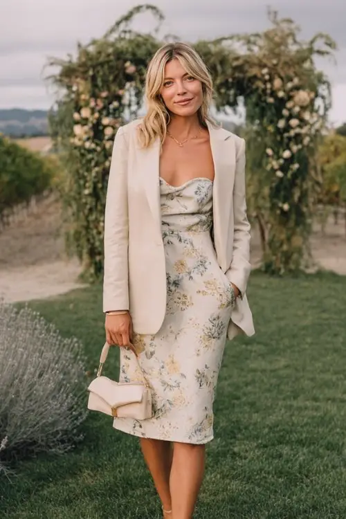 A woman wears a floral midi dress layered with a soft beige tailored jacket, styled with block heels and a clutch