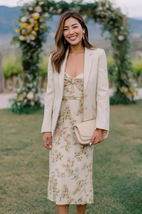 A woman wears a floral midi dress layered with a soft beige tailored jacket
