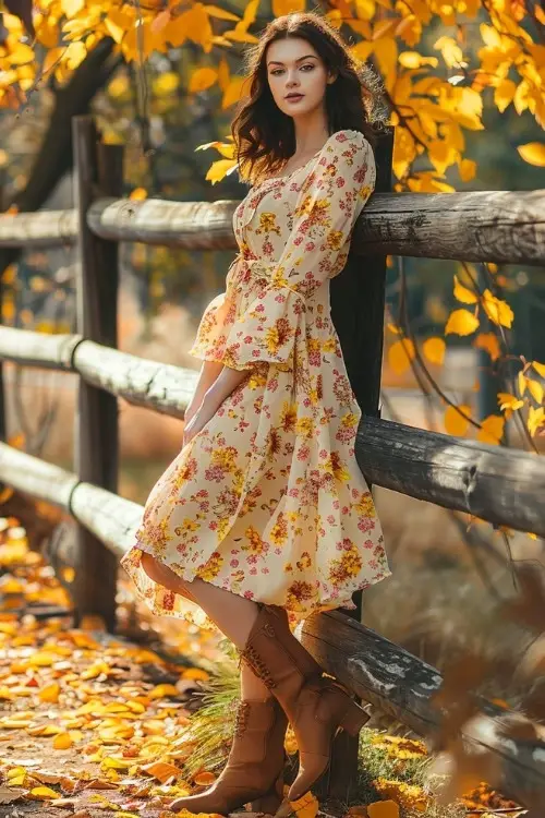 A woman wears a floral print country wedding guest dress with a cinched waist and long sleeves, paired with lace-up boots