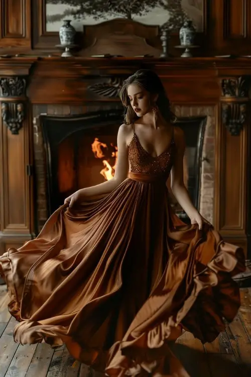 A woman wears a flowing bronze wedding guest dress with a deep V-neck and spaghetti straps