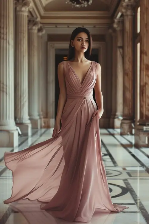 A woman wears a flowy pink wrap wedding guest dress
