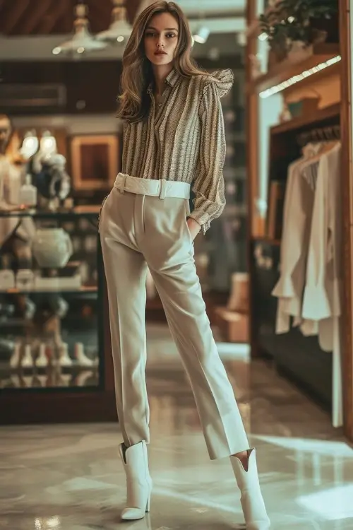 A woman wears a gold-striped blouse with white trousers and white cowboy boots