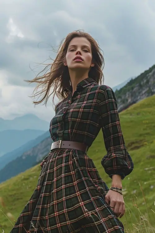 A woman wears a green plaid country wedding guest dress with a belted waist and long sleeves