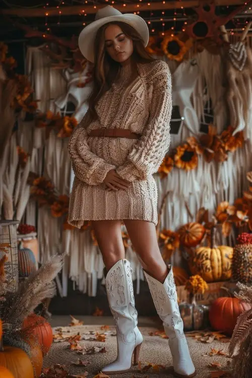 A woman wears a knitted sweater dress and white cowboy boots