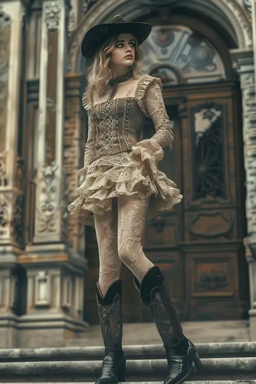 A woman wears a lace-up corset dress with ruffled skirt, lace tights with black cowboy boots