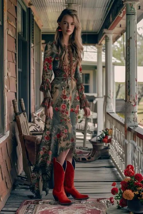 A woman wears a long floral print long-sleeve dress with red cowboy boots