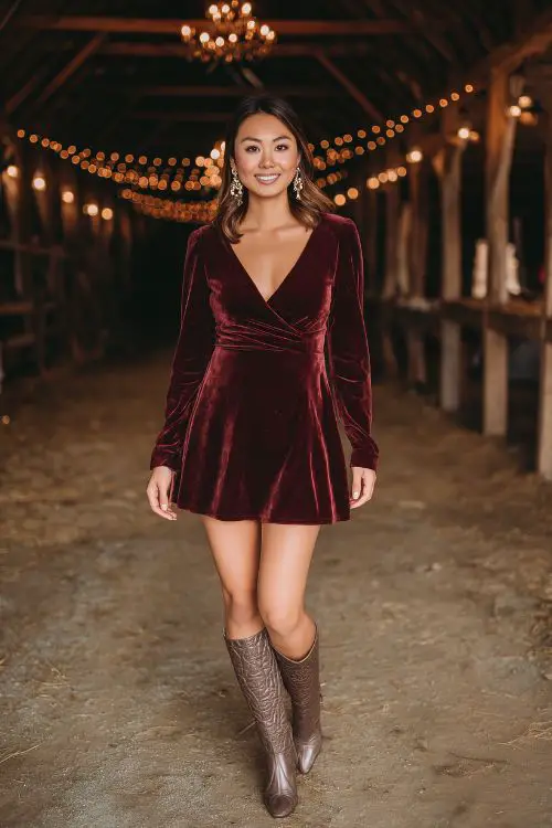 A woman wears a maroon velvet mini dress with a slight flare and long sleeves, paired with statement earrings and block-heeled boots