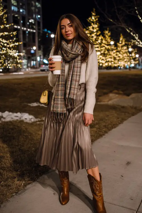A woman wears a mocha pleated midi skirt, a fine knit sweater in soft ivory, a plaid scarf, and heeled cowboy boots in a burnished brown
