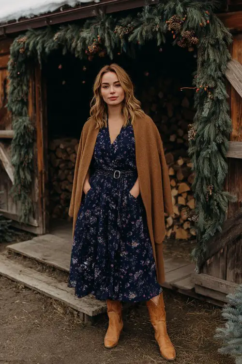 A woman wears a navy floral midi dress with long sleeves, layered under a belted wool cape and styled with tan cowboy boots