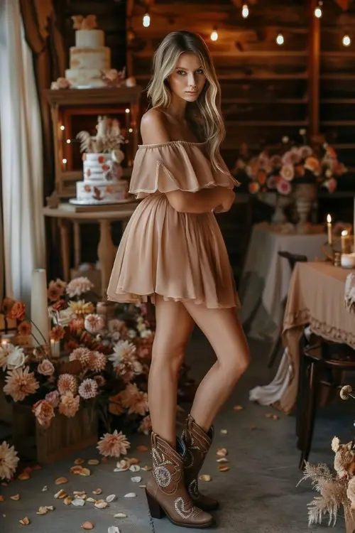 A woman wears a peach off-shoulder mini bridesmaid dress with short brown cowboy boots