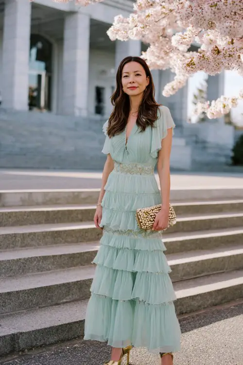 A woman wears a pistachio green chiffon gown with tiered layers (1)
