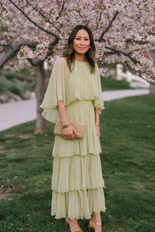 A woman wears a pistachio green chiffon gown with tiered layers