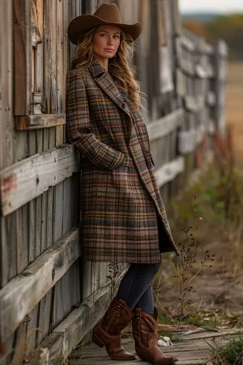 A woman wears a plaid long coat, brown cowboy hat, blue jeans, and brown cowboy boots