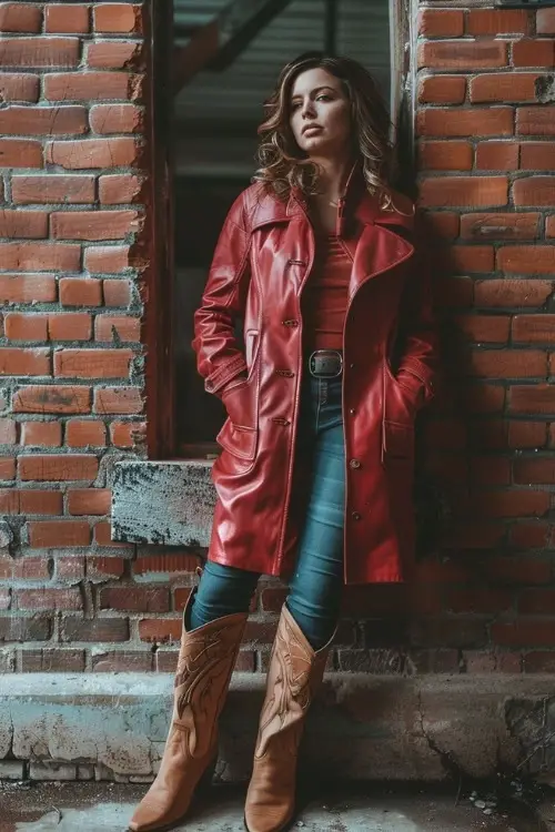 A woman wears a red leather trench coat, red shirt, blue jeans, and brown cowboy boots