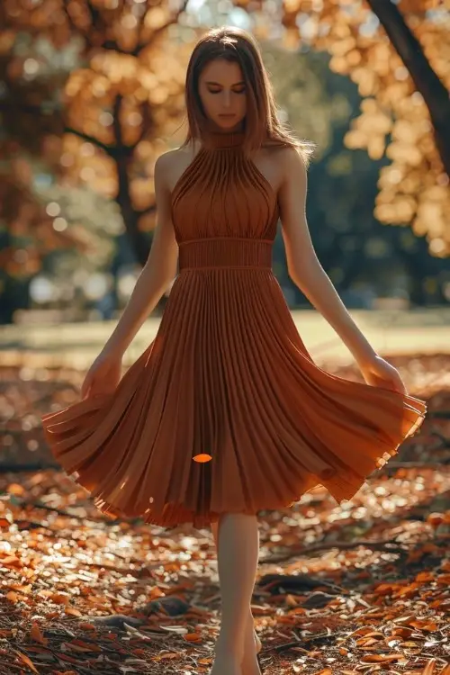 A woman wears a rust pleated wedding guest dress with high neckline