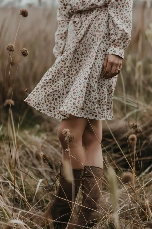 A woman wears a short floral dress with brown boots for a casual country wedding