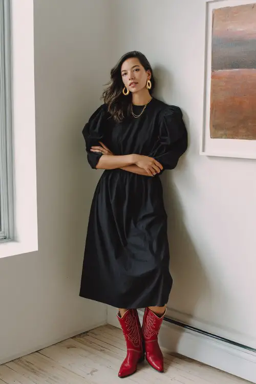A woman wears a simple black A-line midi dress with puff sleeves, paired with bold red cowboy boots and gold hoop earrings