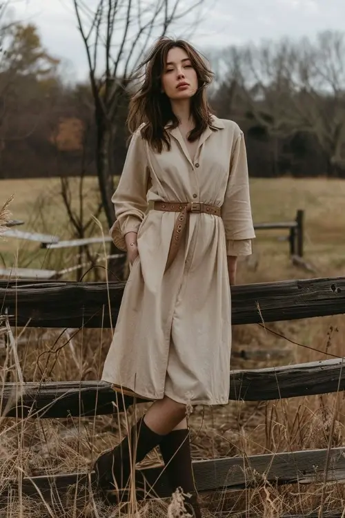 A woman wears a soft beige dress and dark boots for a casual country wedding