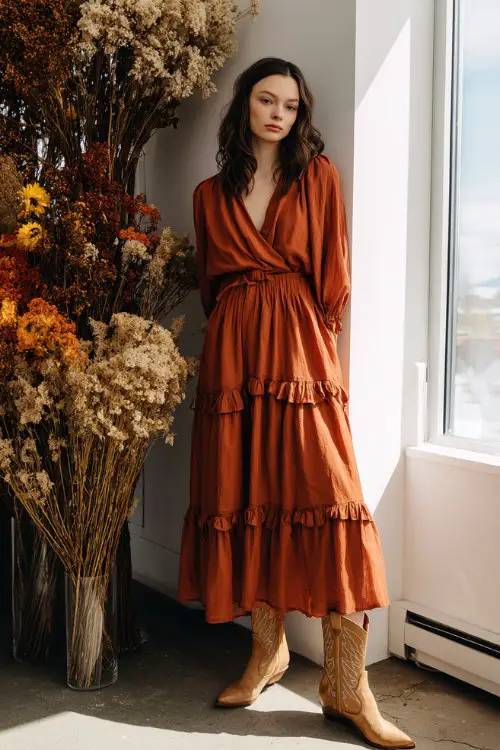 A woman wears a tiered ruffle maxi dress in warm rust tones, paired with light brown cowboy boots and a thin belt at the waist