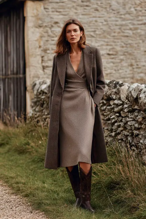 A woman wears a wrap-style wool midi dress in warm taupe, layered with a sharply tailored overcoat and dark suede cowboy boots