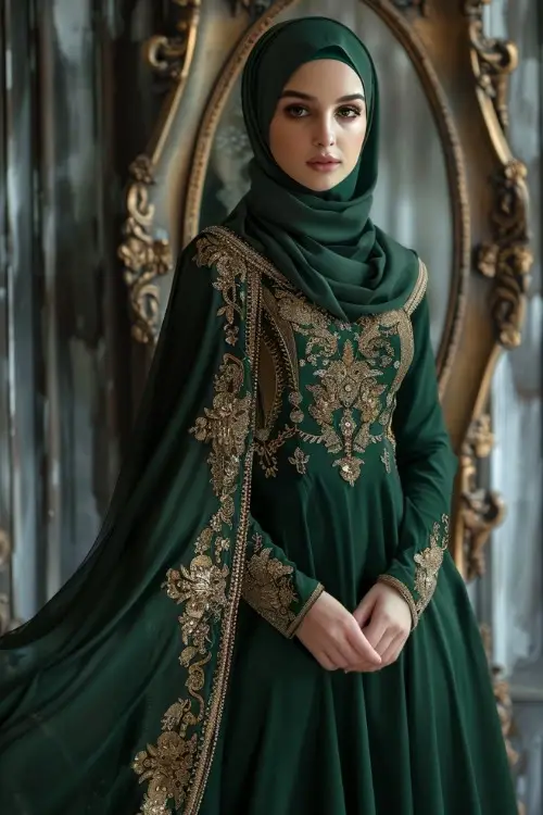 A woman wears an emerald green wedding guest dress with golden embroidery and a matching hijab
