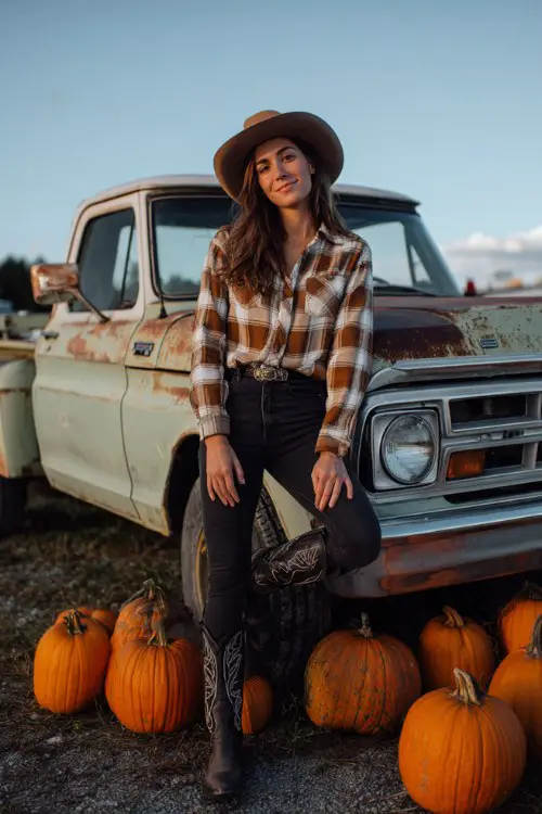 A woman wears black jeans, black cowboy boots, and a brown-and-white flannel