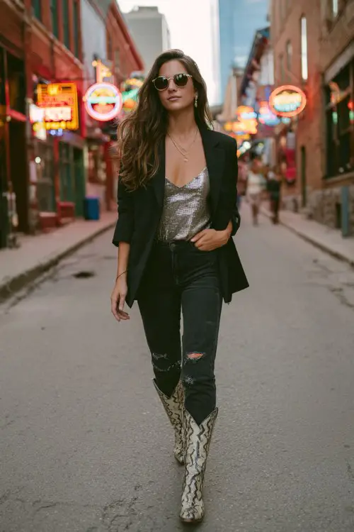 A woman wears black ripped jeans tucked into tall snakeskin cowboy boots, paired with a structured blazer and a metallic tank top
