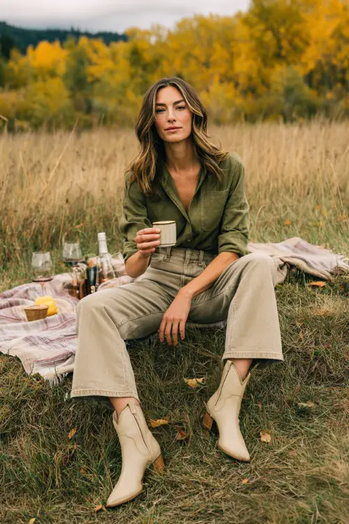 A woman wears cropped wide-leg jeans, a tucked-in olive green blouse, and beige short western boots