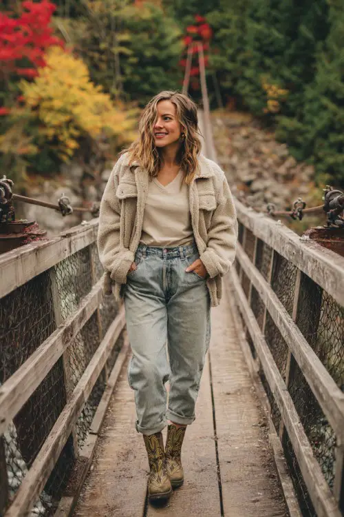 A woman wears cuffed boyfriend jeans, a sherpa-trimmed utility jacket, a tucked-in henley, and snakeskin cowboy boots