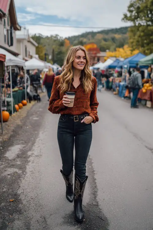 A woman wears dark blue jeans, glossy black cowboy boots, and a rust-colored flannel