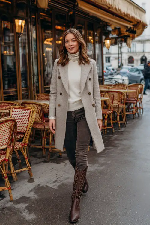 A woman wears dark skinny jeans tucked into brown leather cowboy boots, paired with a fitted cream turtleneck and a double-breasted wool coat in light taupe