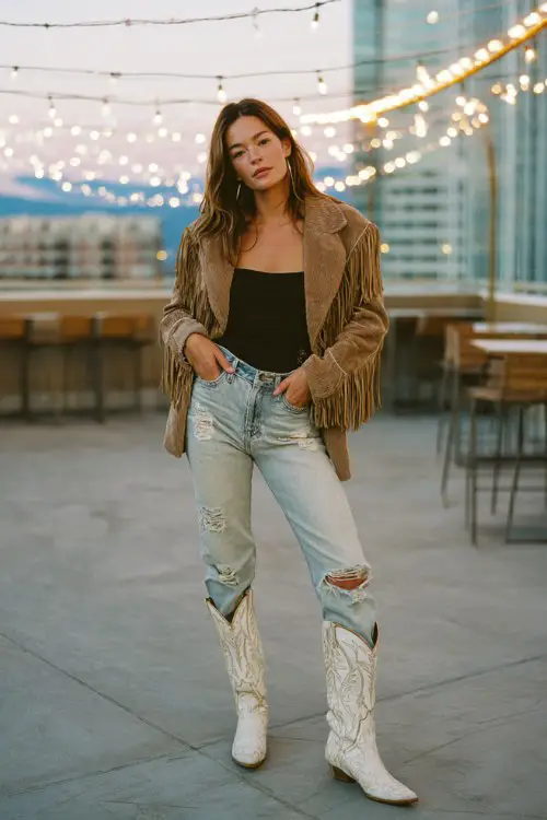 A woman wears distressed straight-leg jeans tucked into white embroidered cowboy boots, paired with a fitted black bodysuit and a suede fringe jacket