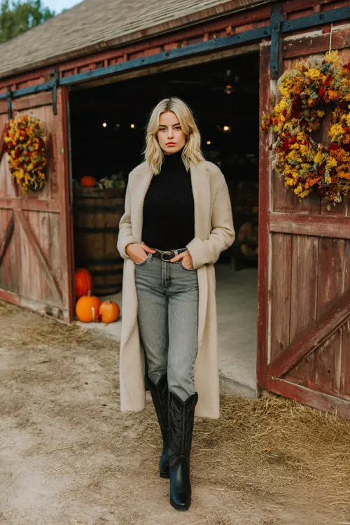 A woman wears faded jeans, black cowboy boots, and a black turtleneck sweater under a long beige coat
