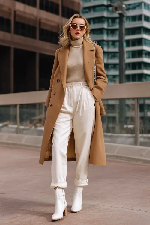 A woman wears high-waisted beige trousers, a soft turtleneck, and a camel double-breasted wool coat, styled with off-white cowboy boots and a minimalist crossbody bag